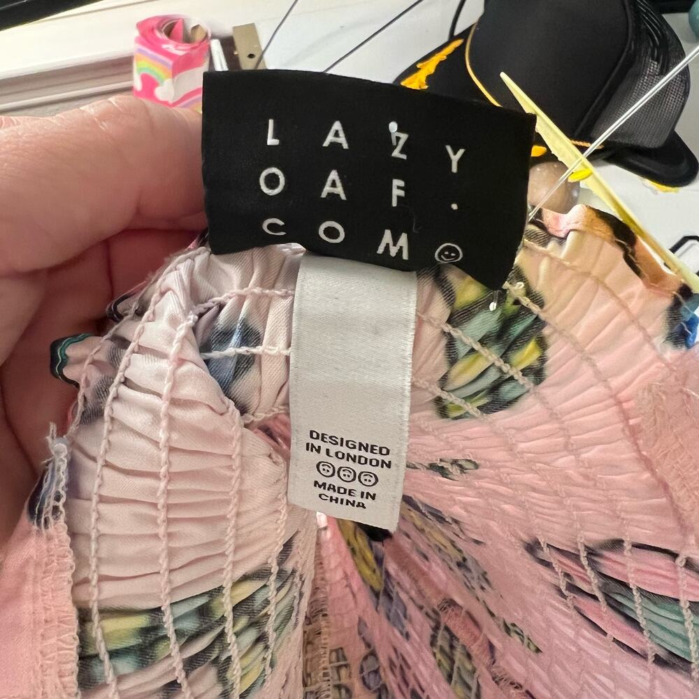 Lazy Oaf Pink Cropped Airbrush Flowers Shirred Tank Top, US 4 - Picture 5 of 7